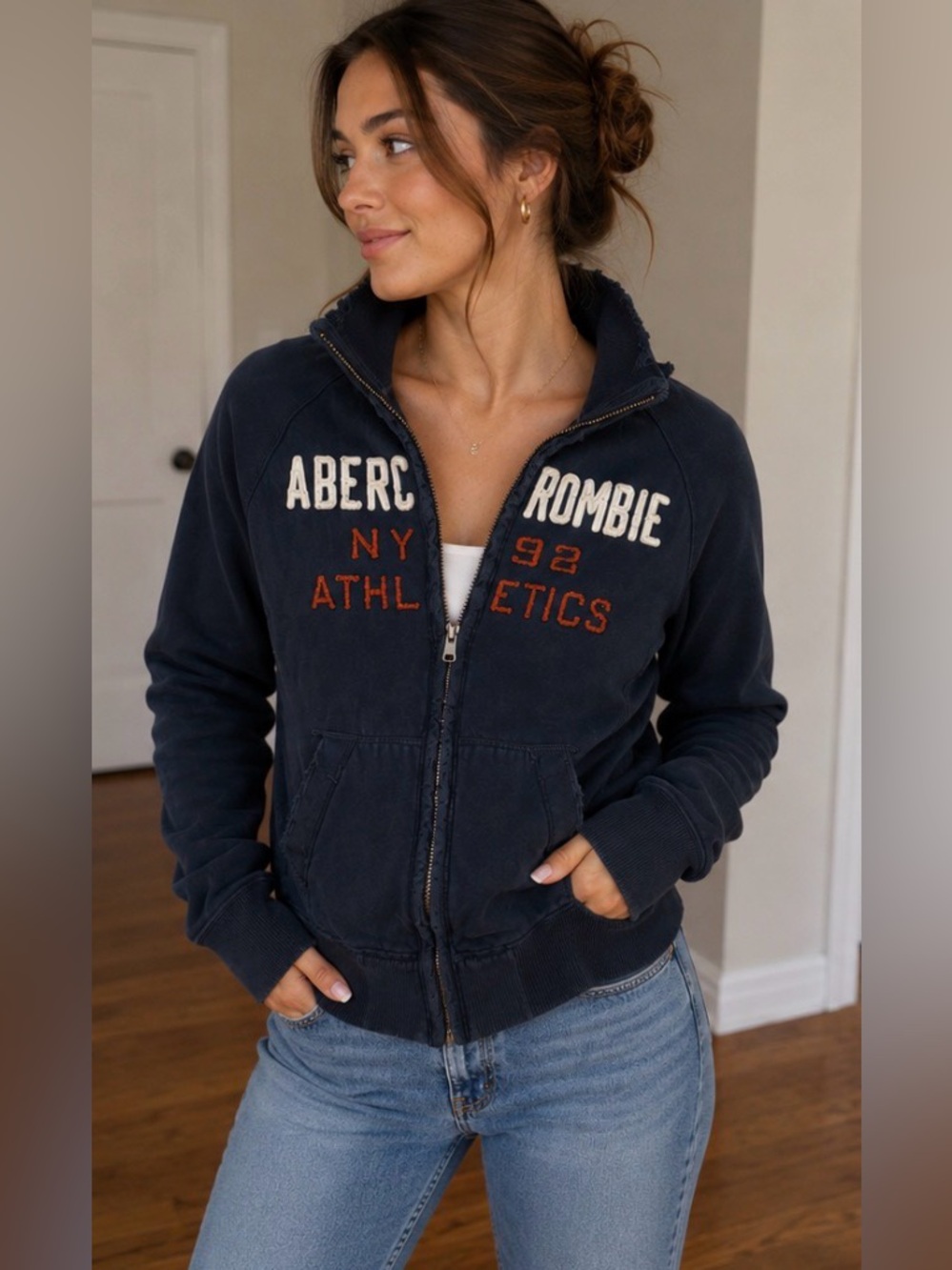 Abercrombie & Fitch Navy Zip Athletic Sweatshirt Jacket Medium Y2K Distressed